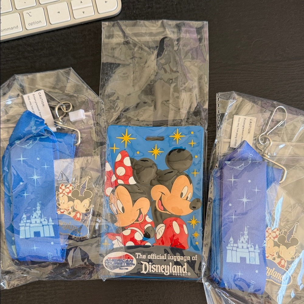 NEW - NEVER USED - Disney Mickey and Minnie Mouse Luggage Tag, Lanyard, Pin Set